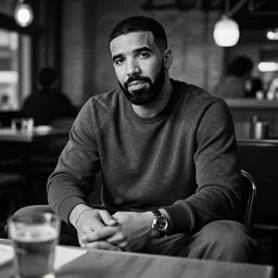 drake sitting down in a dimly lit cafe black and white photo realistic 4 k hd