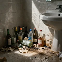 most dirty bathroom ever, bottles, trash, paper, stain,