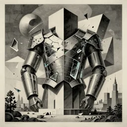 broken body armour with small shards of glass, avant garde monumental dynamic illustration by mobius and edward hopper, illusion surreal art, highly conceptual figurative art, intricate detailed illustration, controversial poster art, polish poster art, geometrical drawings, no blur