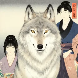 a portrait of a wolf by shin hanga and kawanabe kyosai and katsuhiro otomo. ukiyo - e shohei otomo and satoshi kon, and greg rutkowski weta studio and lucasfilm, woodblock print, coherent, behance, global illumination, golden ratio, flat colors, thick black outlined,