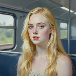 Painting of Elle Fanning in a train, long blonde hair, delicate, pale milky white porcelain skin, by Edward Hopper. 8K. Extremely detailed.