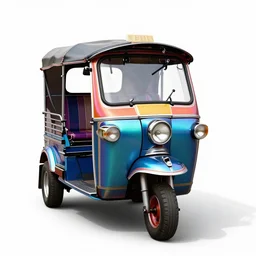 iridescent tuk tuk, photorealistic, isolated on a pure white background, centered, entire object in frame, sharp focus, soft studio lighting