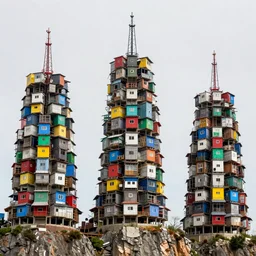 three large towers, made up of stacked brutalist squatter shacks and makeshift shelters with bright colours, suspending over a cliff, phase one, uniform plain sky, fine details, photographed by frans lanting