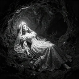 a dead bride corpse lying in a dark cave bunad crown. radiant light, detailed and intricate environment, digital art, trending on art station kvlt by peder balke by peder balke by greg rutkowski, by guido crepax by norman bluhm by greg rutkowski mystic high contrast monochromatic noir