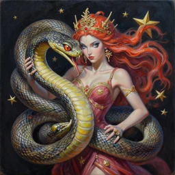 intricate five star goddess crushing snake by casey weldon, oil on canvas, hdr, high detail, photo realistic, hyperrealism, matte finish, high contrast, 3 d depth, centered, masterpiece, vivid and vibrant colors, enhanced light effect, enhanced eye detail, artstationhd