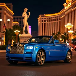 the statue david from michelangelo driving a blue rolls royce convertible, background is ceasars palace in las vegas at night