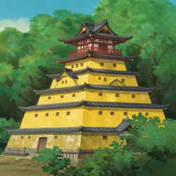 japanese yellow fortress in a city inside the arashiyama forest by studio ghibli painting