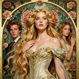 new art nouveau closeup portrait of fantasy flower vargas princess seductive emilia clarke wearing a royal dress in an magic forest, anna dittmann, smooth skin, patrick nagle!!!, glamorous pose, charlie bowater and loish. long windblown blonde hair, ultrasharp focus, dramatic lighting, rose arches, octane, matte painting, intricate, d & d, poster