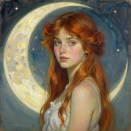 the moon girl. beautiful, hyperrealistic painting by mucha and kuvshinov