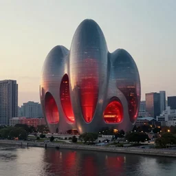 An epic architectural rendering of a blob shaped trypophobia house with a mysterious red glow emitting from inside in a modern cityscape next to a river, by Greg Rutkowski, tunning, gorgeous, golden ratio, photorealistic, featured on artstation, 4k resolution