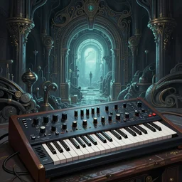 “an eldritch analog modular synthesizer with a portal, sci-fi, intricate, cinematic lighting, highly detailed, digital painting, artstation, concept art, smooth, sharp focus, illustration, art by Artgerm and Greg Rutkowski and Alphonse Mucha”
