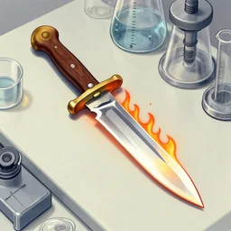 flaming dagger on a table, scientific equipment illustration by tony diterlizzi
