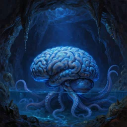 large brain in a shallow water, lots of tentacles, eldritch!! dnd!! dark cave room, blue bioluminescence, oil painting by greg rukowtski, detailed, blue lighting, dark, glowing water, eerie, trending on artstation