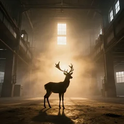 a weak silhouette of a small deer standing majestic in a mega large industrial room with small windows, golden light, thick mist, backlit, insane details, hyperrealistic photo by jimmy nelson, trending on artstation