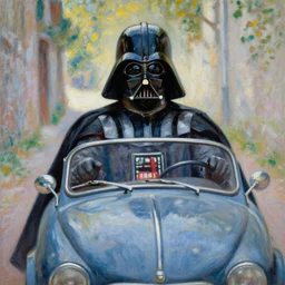 Darth Vader driving a car in an alley, Painting by Claude Monet, Highly Detailed