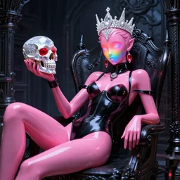 photo of rococo and bladerunner demonic neon ruby sculpture of seductive ceramic albino king adrien sahores pink iridescent space humanoid deity wearing black laytex bunny onesie holding diamond skull in a black metallic dungeon, reclining, glowing rainbow face, crown of white diamonds, cinematic lighting, photorealistic, octane render 8 k depth of field 3 d