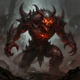 a matte painting of a large humanoid demonic monster with glowing fire eyes and a skull face doing a henshin pose, action scene, dramatic lighting, gothic, league of legends character splash art, digital painting, concept art, dark colors, muted colors, red colors, tense atmosphere, moody colors, dramatic lighting, cinematic lighting, sharp focus, in the style of frank frazetta