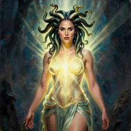 Full body photo of the beautiful woman Gal Gadot as Medusa the greek goddess, she has those characteristic snakes coming out of her head, she is looking straight to the camera, she has a glow coming from her, she is getting illuminated for rays of light, behind her is a scary atmosphere, the photo was taking by Annie Leibovitz, matte painting, oil painting, naturalism, 4k, 8k