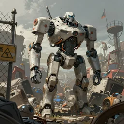 an intricate concept art of a robot junk yard behind chainlink fence with warning sign, cinematic, post - apocalyptic, matte painting, ultra detail, concept art, hyper realistic, cgsociety, artstation, deviantart, style by feng zhu and dylan cole, octane render, anime style