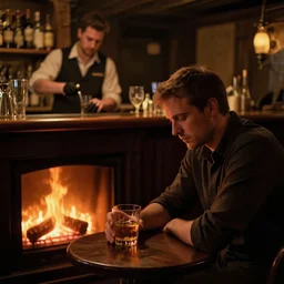 dimly - lit, intimate bar scene. a fireplace is lit for warmth. a single exhausted patron remains, finishing one last drink before the bar closes for the night. the barkeep is diligently scrubbing the countertop with a well - used rag. warm, comforting color scheme. whimsical fantasy digital art. wide - angle shot. classic americana art. vectorized digitized