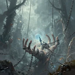 a surreal realm held by spectral chains, in the style of wlop, illustration, epic, fantasy, hyper detailed, smooth, unreal engine, sharp focus, ray tracing