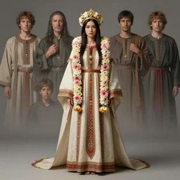 studio photo portrait of blessed Lain Iwakura from Serial Experiments Lain wearing floral garlands over her traditional dress. full height portrait of Lain as a holy divine slavic pagan priestess wearing traditional pagan dress adorned with golden tiara, concept art by Greg Rutkowski, James Gurney, Ross Tran, Ruan Jia, by J. C. Leyendecker and Edmund Blair Leighton and Charlie Bowater, ultrarealistic octane render, 8k, rtx on, trending on ArtStation
