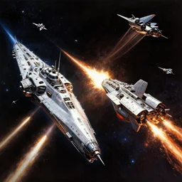A highly detailed Sci-Fi concept art matte  painting set in space  by Fred Gambino  of an epic Space battle , Two massive capital ships firing at it each other ,while small fighter ships fly in formation ready to attack , deep space , dark  and stars in the background , lasers and explosions, perspective , action shot  , trending on Artstation ,HD 4K , retro scifi