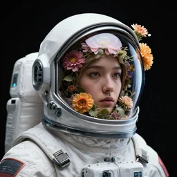 cosmonaut portrait, flowers on helmet, black background, sci - fi, futuristic, 8 k, octane render, art style by greg