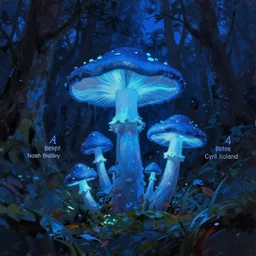 matte painting of blue mushrooms glowing blue. Forest at night lit by eerie blue glow.Digital painting. Beeple. Noah Bradley. Cyril Roland trending on artstation.