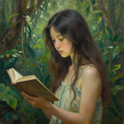 a girl in a jungle with book, her hair flowing down, subtle, intricate details, real masterpiece, oil on canvas, by somsak anong