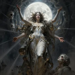 goddess, masterpiece ,  cinematic, powerful, moon beams dramatic light, highly, intricate elements, hollow souls, detailed, digital painting, artstation, concept art, sharp focus, illustration, art by Kyoung Hwan Kim and Adrian Smith and Leonor Fini, john waterhouse