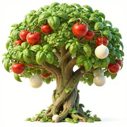 fantastic tree where pizza ingredients grow, tomatoes hanging on branches, mozzarella!! balls hanging from branches, basil leaves instead of leaves, intricate stem, multiple stems swirled around, highly detailed 3 d render, full view, wide shot, bright colors, pixar, octane render