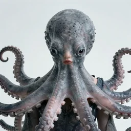 girl with a gray octopus for hair, beautiful face, pretty face, photorealistic, 4 k resolution, wide angle lens, 1 5 mm, depth of field, serene, digital art.