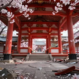 destroyed old shintoist temple interior, detailed, jewelry, sakura,photograph, award wining, red and white, trending on artstation, 4k, unreal engine 5, octane render, neon highlights