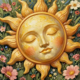 sleepy sun face, flowers field, highly detailed, digital painting, concept art, smooth, sharp focus, illustration, art by artgerm and greg rutkowski and alphonse mucha