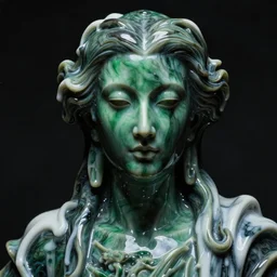 a dark baroque close - up portrait of a green and black porcelain being made out of white liquid sci - fi vitrified translucent ceramic marble ; china. reflective detailed textures. gloomy black background. highly detailed fantasy science fiction painting by moebius, norman rockwell, frank frazetta, and syd mead. rich colors, high contrast. artstation