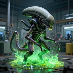 a xenomorph emerging from a glowing green slime, photograph captured in a factory