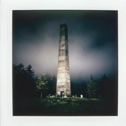 a massive tall concrete tower in a forest clearing reaching into the fog, night, old polaroid, expired film, megalophobia,