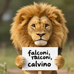 realistic high quality photo of a cute lion holding a sign with text that reads : falconi, falconi, calvino,
