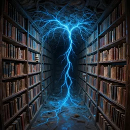 under ground, library, overdetailed art, by greg rutkowski, glowing blue veins