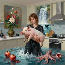 tall emo female artist holding a pig in her flooded kitchen, pomegranates, octopus, luxury apartment kitchen, painting of flowers, surreal photography, ikebana, zen, rapids, waterfall, black swans, canoe, berries, impressionist digital painting, artstation, by simon stalenhag and magritte
