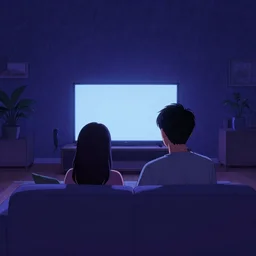 backview of a couple sitting on a sofa watching tv in a living room at night, chillwave wallpaper, featured on artstation, 2 d anime, detailed line artwork, wallpaper, dark blueish purple theme