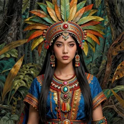 a beautiful girl aztec forest princess in intricate detailed color blue, gold, orange red shaman costume, 3 d render, hyper realistic detailed portrait, big flocking color leaves, ornate leaves headpiece, elegant, intense colors and ink pen, ruan jia, by moebius, fantasy, hyper detailed, octane render, concept art, by mohrbacher, mucha, henri rousseau