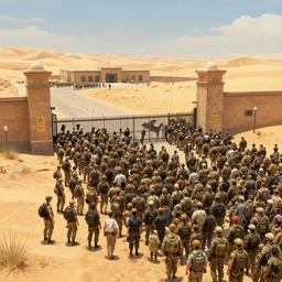 large crowd locked down stopped put down | locked down government security facility military gate | in the hot desert trending on artstation digital paint 4 k render