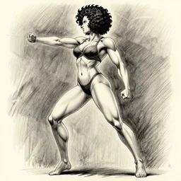 most strongest pose, scarlett johansson as baki with perfect symmetrical anatomical proportions, afro samurai anime style, by greg rutkowski, pencil and ink, dramatic lighting, full body profile pose