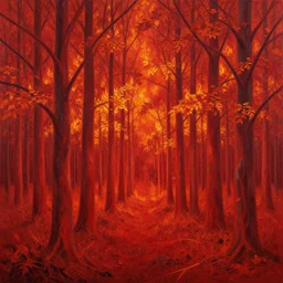 oil painting of A red fire forest of trees with flaming leaves ,by M.C. Escher and James Jean and Greg Rutkowski and Craig Mullins