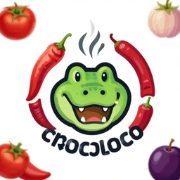 logo design options for crocoloco hot - sauce, centralized vector of crocodile face with steam coming from nostrils, habanero. tomatillo, chipotle, plum fruits surrounding