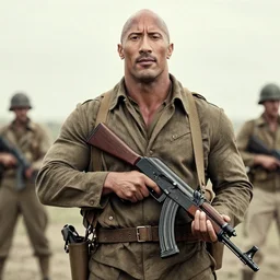 Dwayne Johnson holding AK, ww2 photo