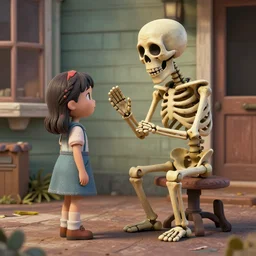a friendly skeleton entertaining a girl, americana toursim, lowbrow, matte painting, 3 - d highly detailed, in the style of mark ryden