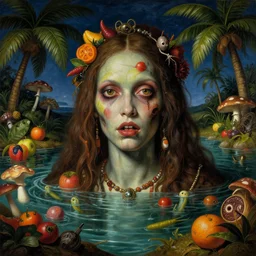 a close - up portrait of a tropical zombie goddess surrounded by water, colorful fruit, palm trees and mushrooms. surrealism. night background. highly detailed science - fiction fantasy painting by norman rockwell, moebius, frank frazetta, syd mead, and stanislaw fernandes. rich colors, high contrast. renaissance masterpiece. artstation
